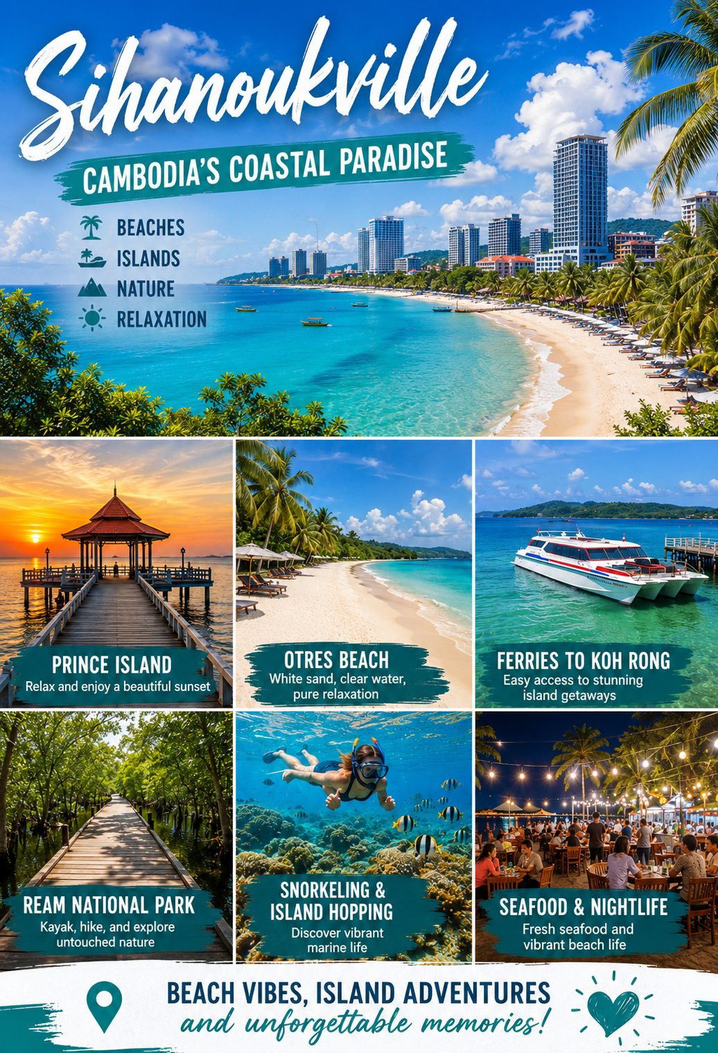 Poster promoting Hua Shianoukville in Cambodia, featuring images of beaches, islands, nature, and nightlife, with activities like snorkeling, island hopping, and exploring national parks.