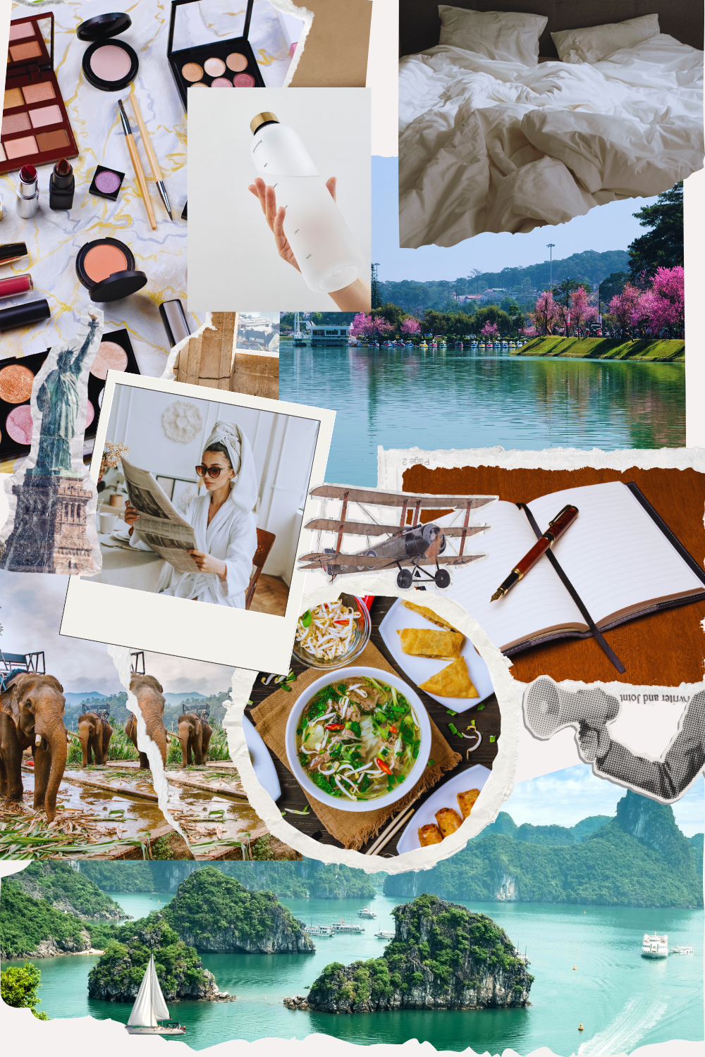 A collage of travel and leisure scenes including a rocky lake with boat, tropical islands, elephants, a woman reading newspaper, food with Asian dishes, beach and scenic landscape, makeup products, a bed, a notebook with pen, a woman in a towel, and souvenirs.
