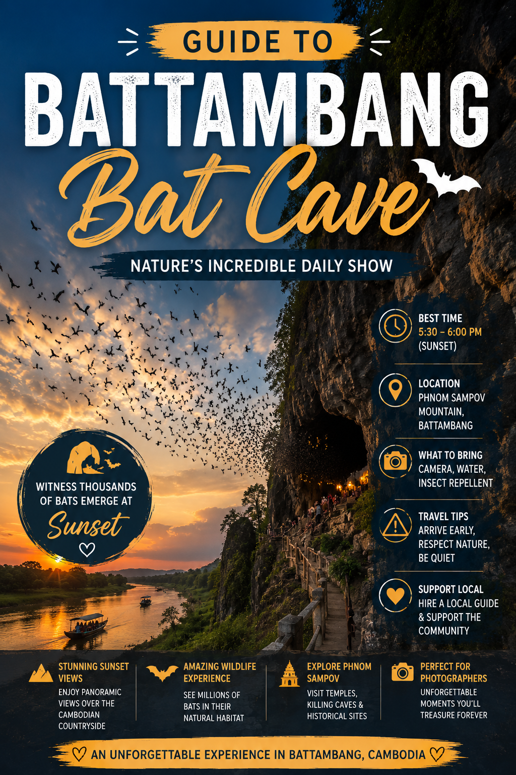 A poster promoting a guide to Bat Cave in Battambang, Cambodia, featuring a sunset with a large flock of bats flying across the sky, and details about visiting the cave including best time, location, what to bring, travel tips, and supporting local guides.