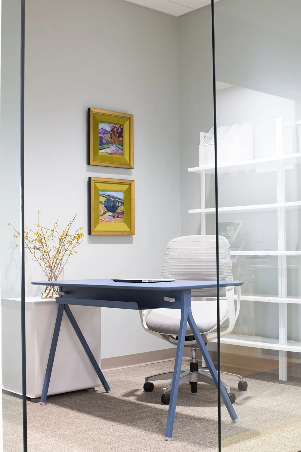 Office room with a glass wall, a white desk with a laptop, a white office chair, a white cabinet with a plant, and two colorful landscape paintings on the wall.