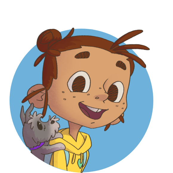 Cartoon girl with brown hair in a bun and a yellow hoodie, smiling while holding a small gray dog with purple leash, set against a blue background.