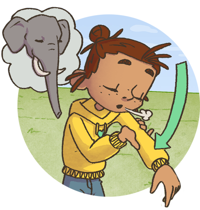 A cartoon boy with brown hair wearing a yellow hoodie showing off a rash or allergy on his arm, with a thought bubble of an elephant behind him.