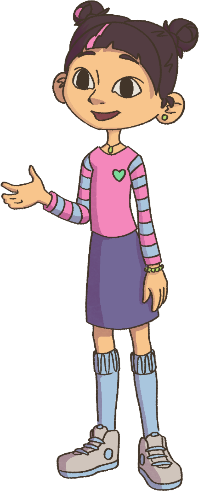 Cartoon girl with dark purple hair styled in buns, wearing a pink and striped long-sleeve shirt, a purple skirt, knee-high socks, sneakers, and accessories, smiling and gesturing with her right hand.