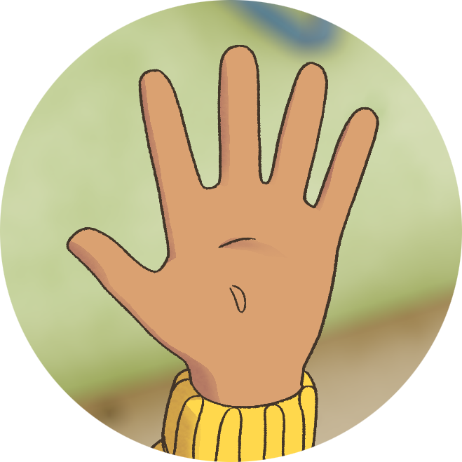 A cartoon hand with a light brown skin tone, raised with the palm facing outward, and a small belly button on the palm, wearing a yellow sleeve.
