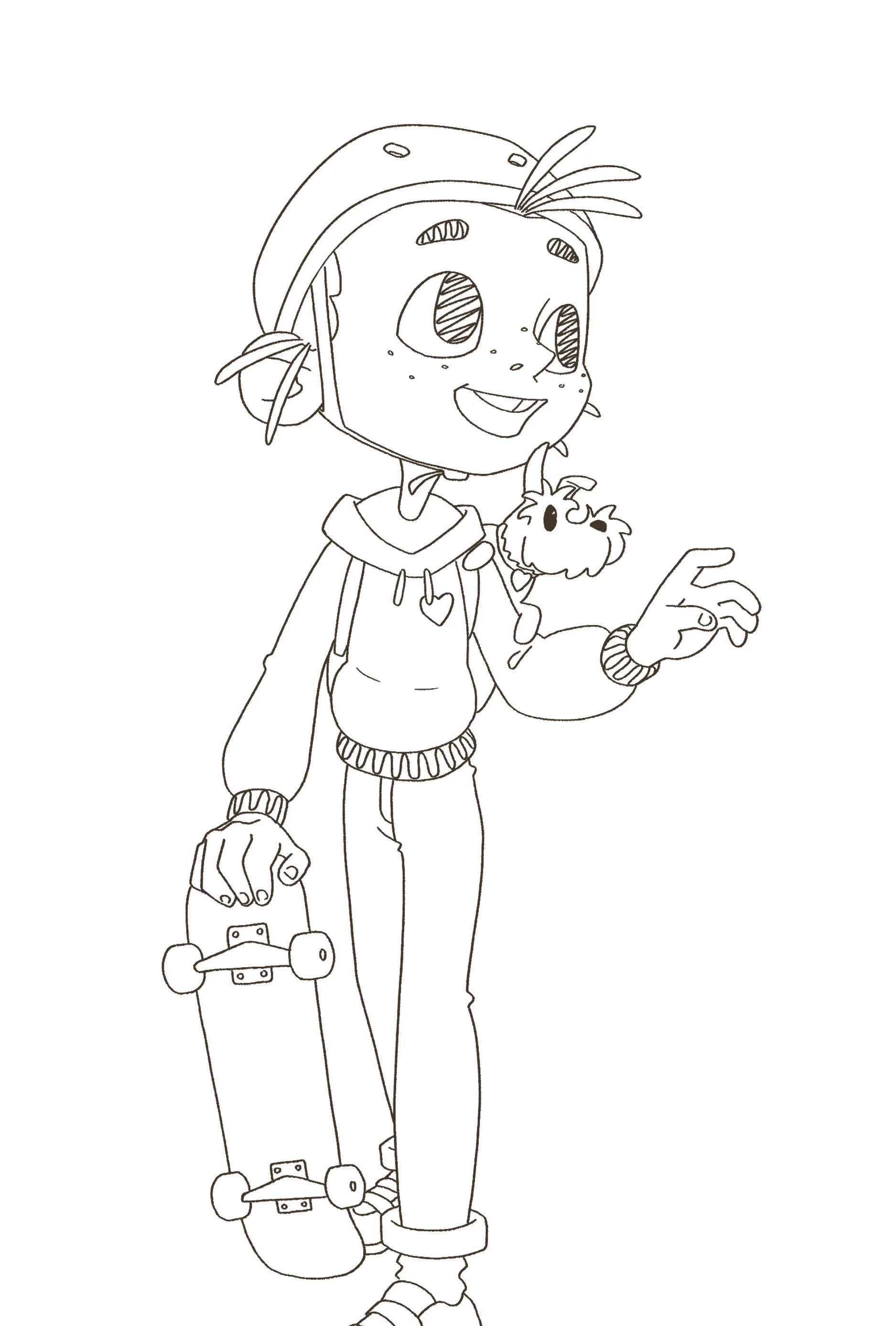 Black-and-white line drawing of a young skateboarding girl with a cheerleader mask, wearing a hoodie, jeans, slides, holding a skateboard in one hand and a drink in the other, with a small furry animal perched on her arm.