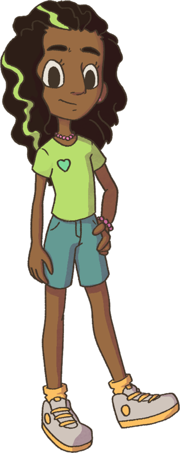 A cartoon girl with dark curly hair and a green streak, wearing a lime green t-shirt with a heart, denim shorts, and sneakers, standing with one hand on her hip.
