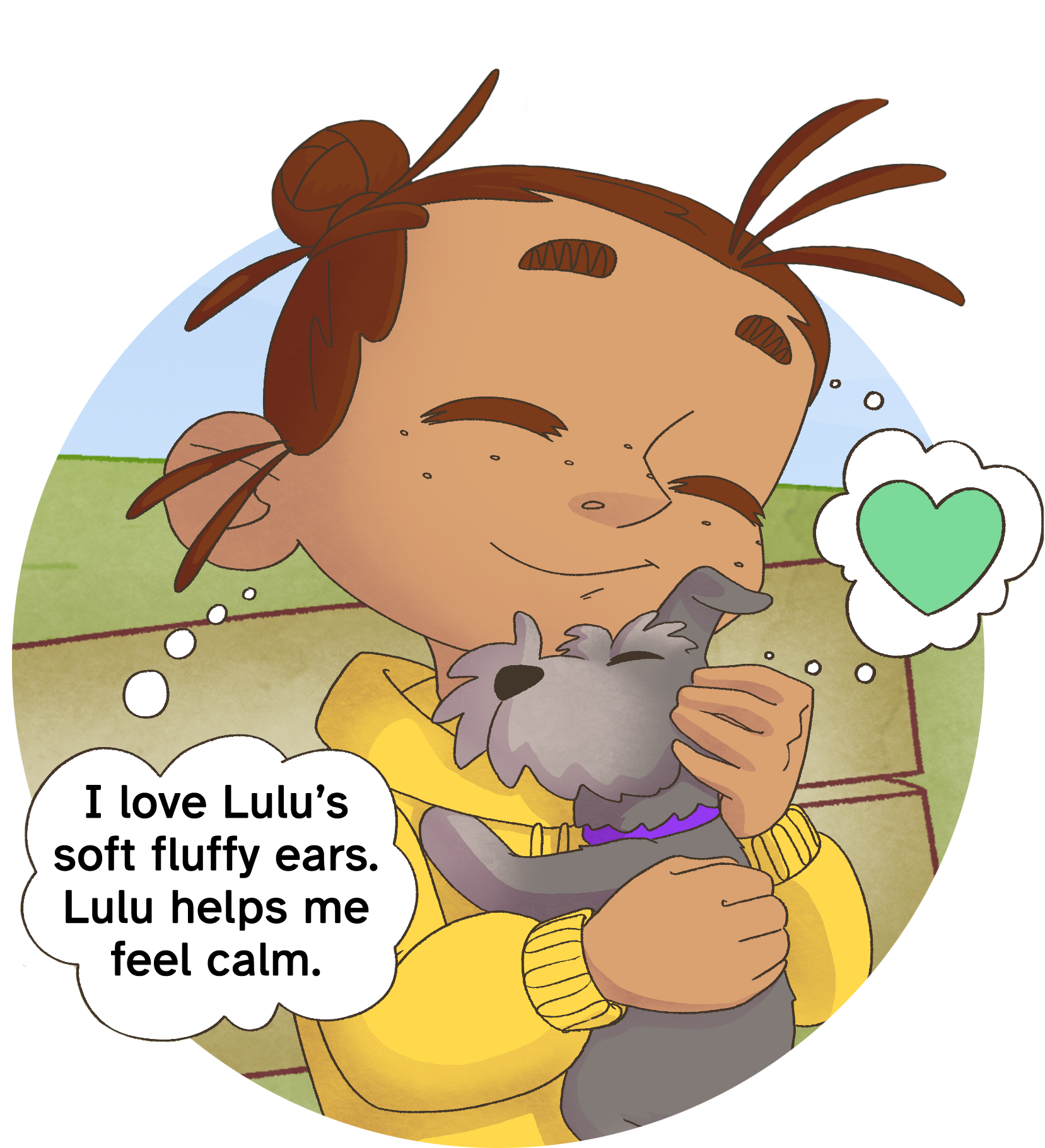 A cartoon boy with closed eyes smiling while hugging a fluffy gray dog with a purple collar. The boy is wearing a yellow sweater and has brown hair and freckles on his face. A speech bubble next to him says, "I love Lulu's soft fluffy ears. Lulu helps me feel calm." The background includes a blue sky and a green field.