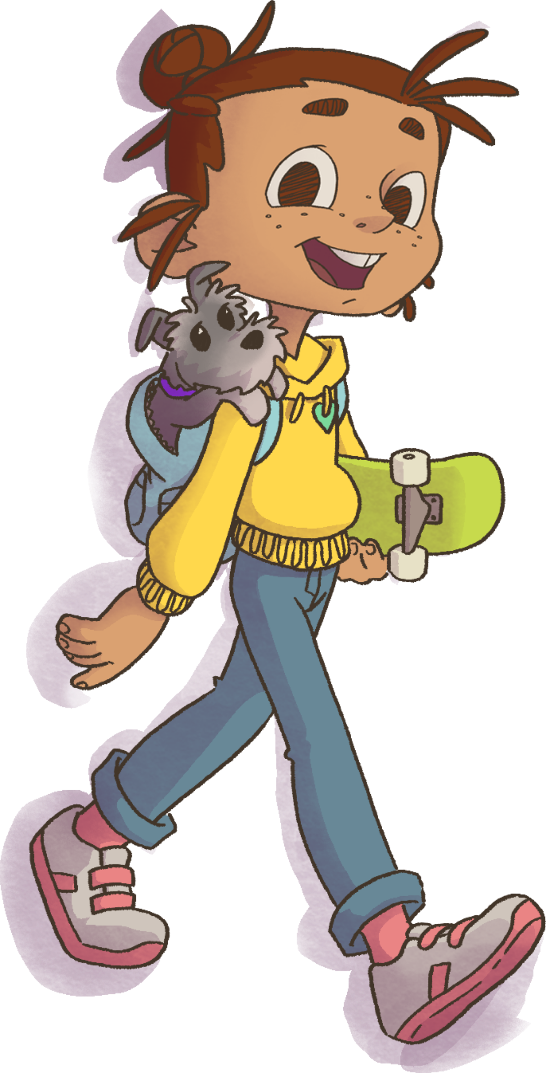 A cartoon girl with brown hair tied in a bun, wearing a yellow hoodie and blue jeans, walking with a skateboard and holding a gray stuffed animal dog. She has a happy expression and is barefoot.