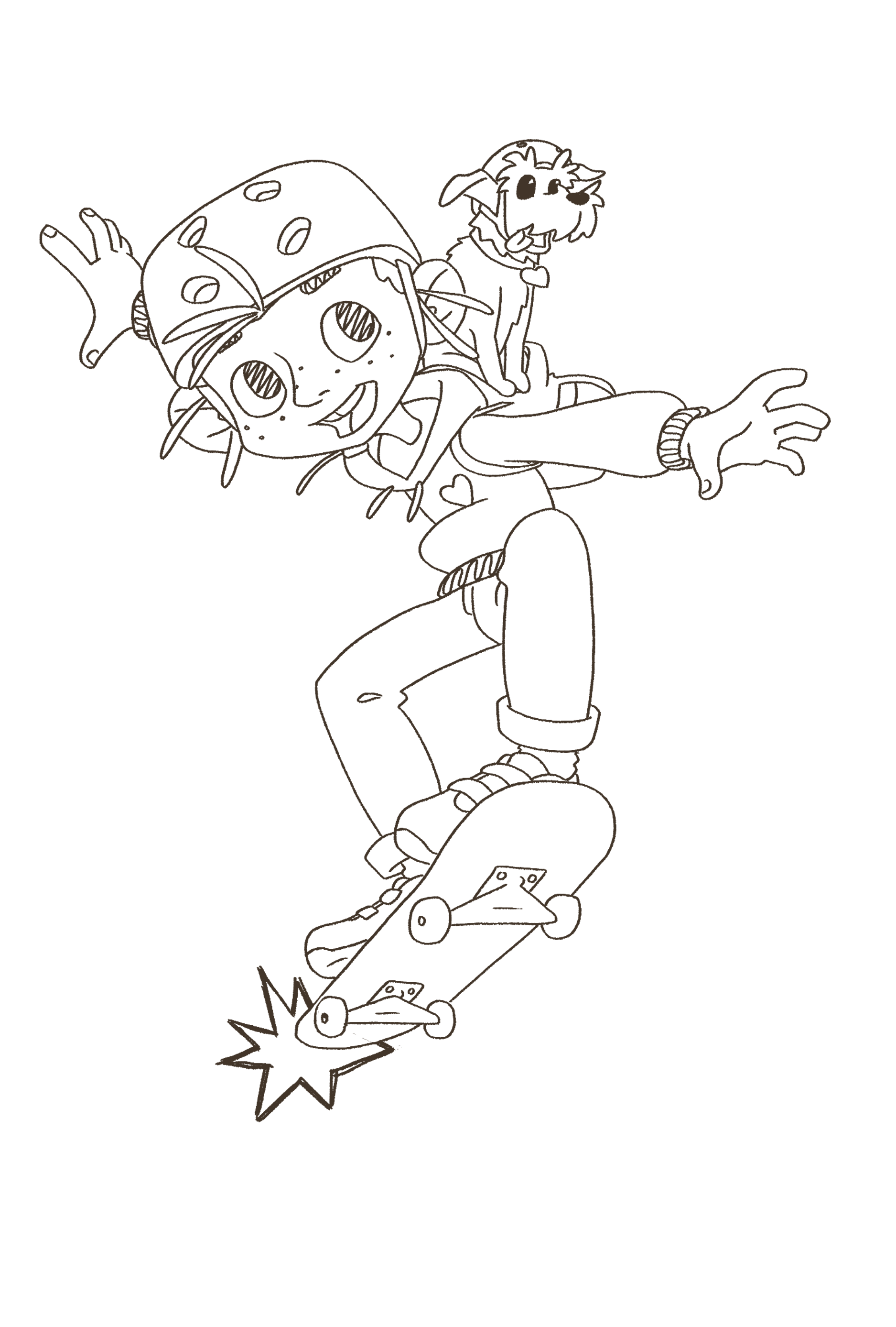 Line drawing of a skateboarder performing a trick, with a small dog sitting on their back, both with happy expressions.