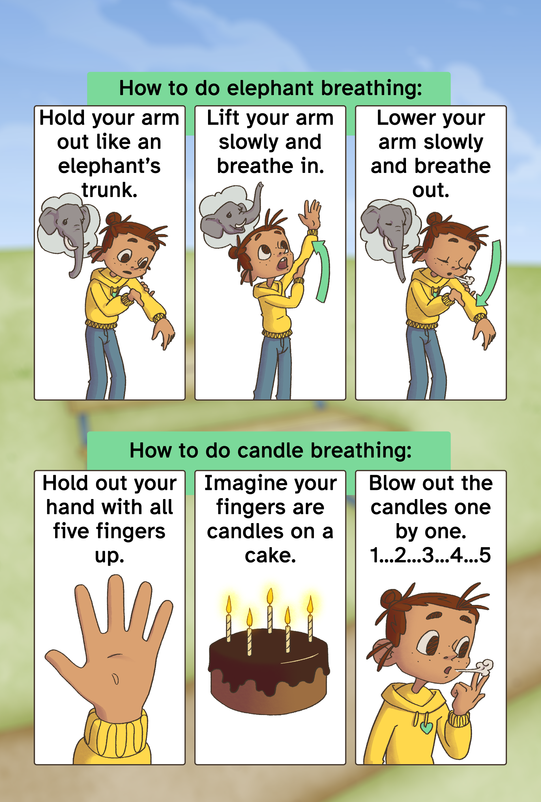 A colorful illustrated guide on breathing exercises for children. It shows three panels: the first explains how to do elephant breathing with a girl mimicking holding out her arm like an elephant trunk; the second details how to do candle breathing with a girl imagining candles on a cake; the third continues with the girl pretending to blow out candles on a cake. Each panel has step-by-step instructions and accompanying illustrations.