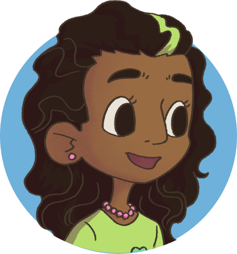 Cartoon illustration of a girl with dark curly hair, a green streak, large eyes, wearing a pink beaded necklace, a green shirt, and pink earrings, smiling.