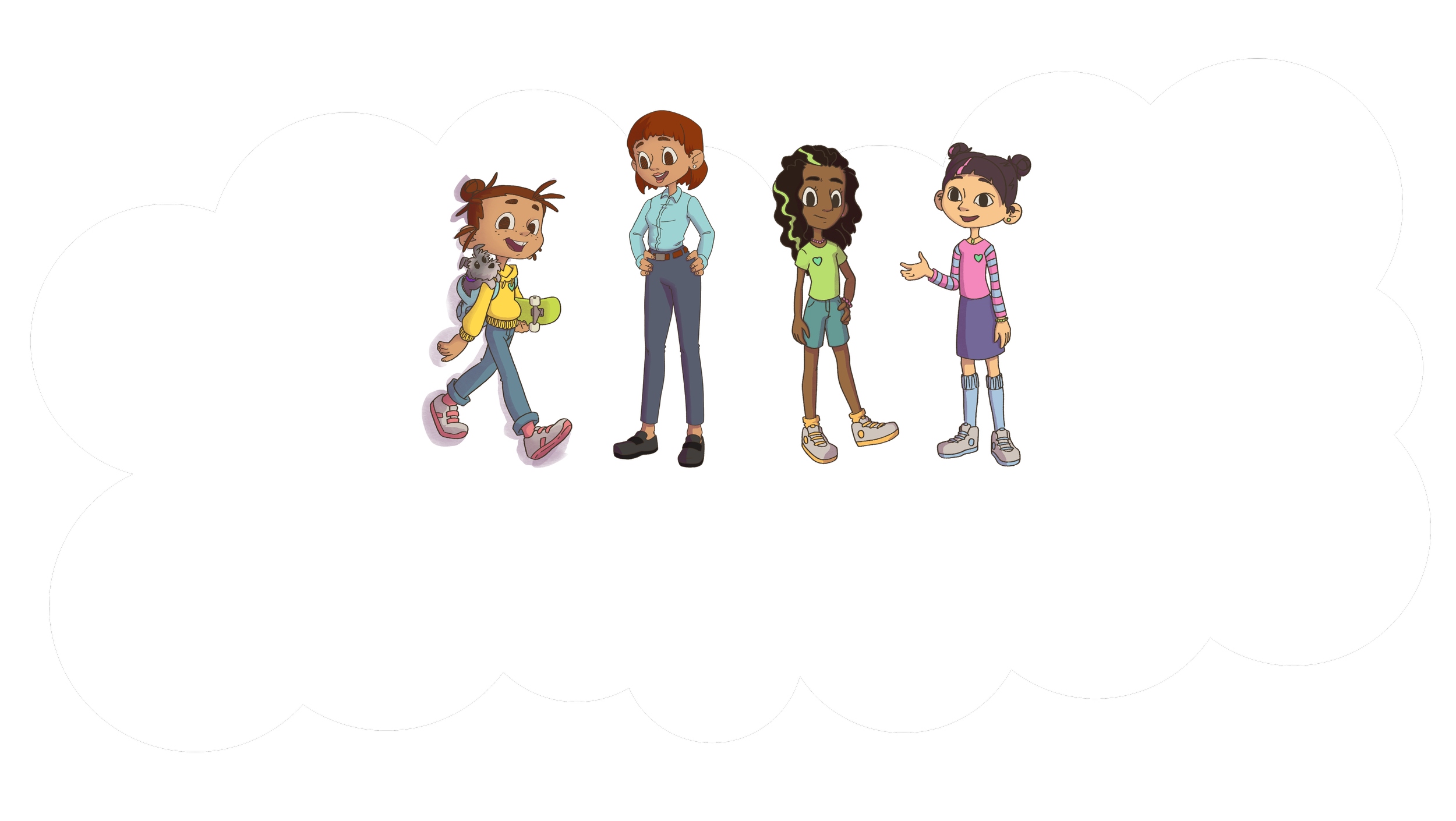 Four cartoon girls standing on a reflection of clouds background, engaged in a conversation.