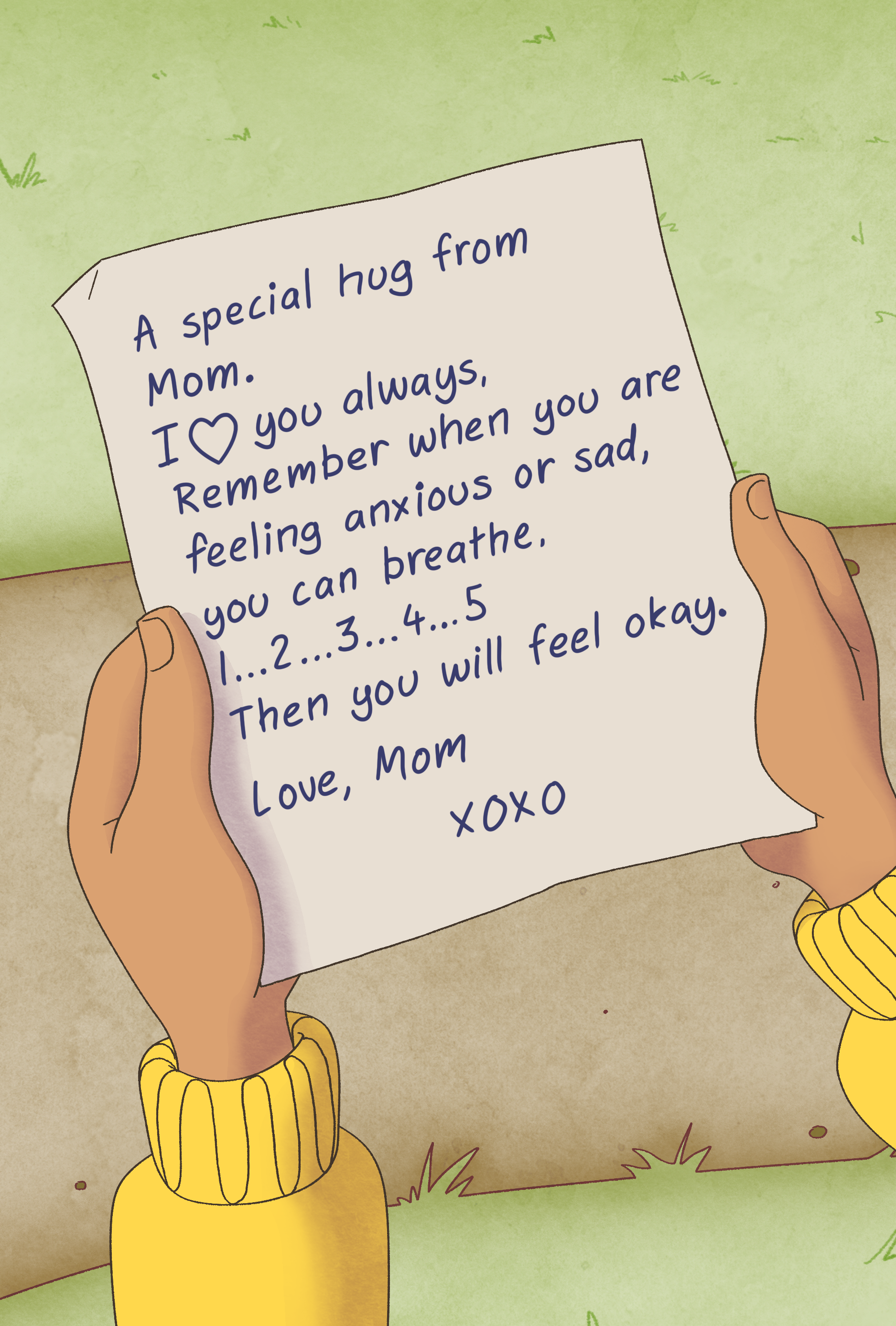 A hand holding a handwritten note with a comforting message to a mom, expressing love and reassurance.