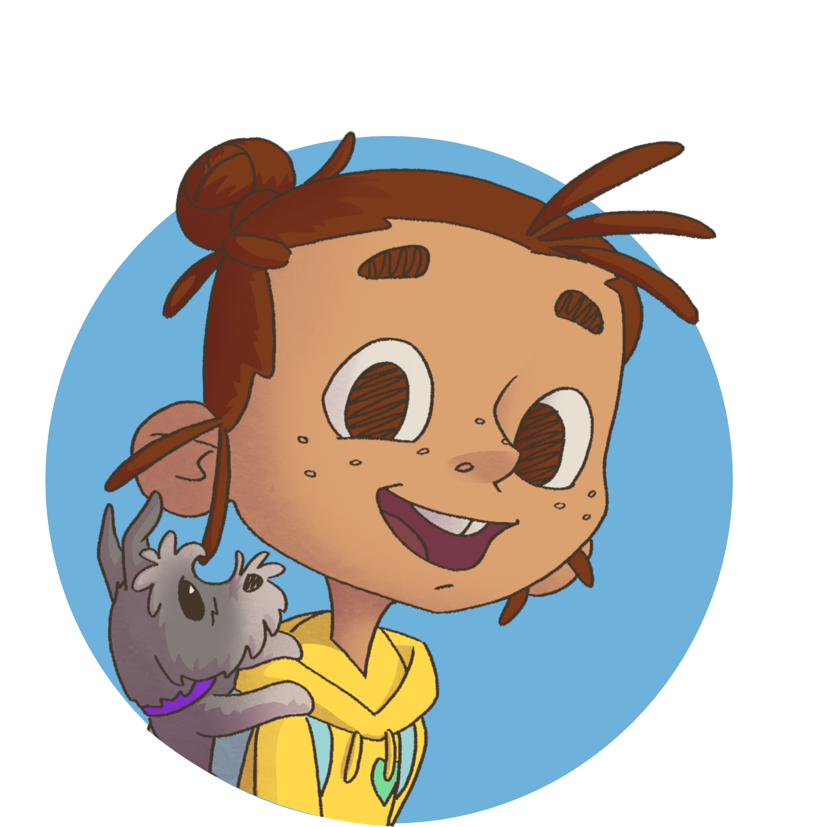 A cartoon illustration of a girl with light brown hair in braids, wearing a yellow hoodie, smiling with wide eyes, and holding a small gray and white dog with black nose and floppy ears.