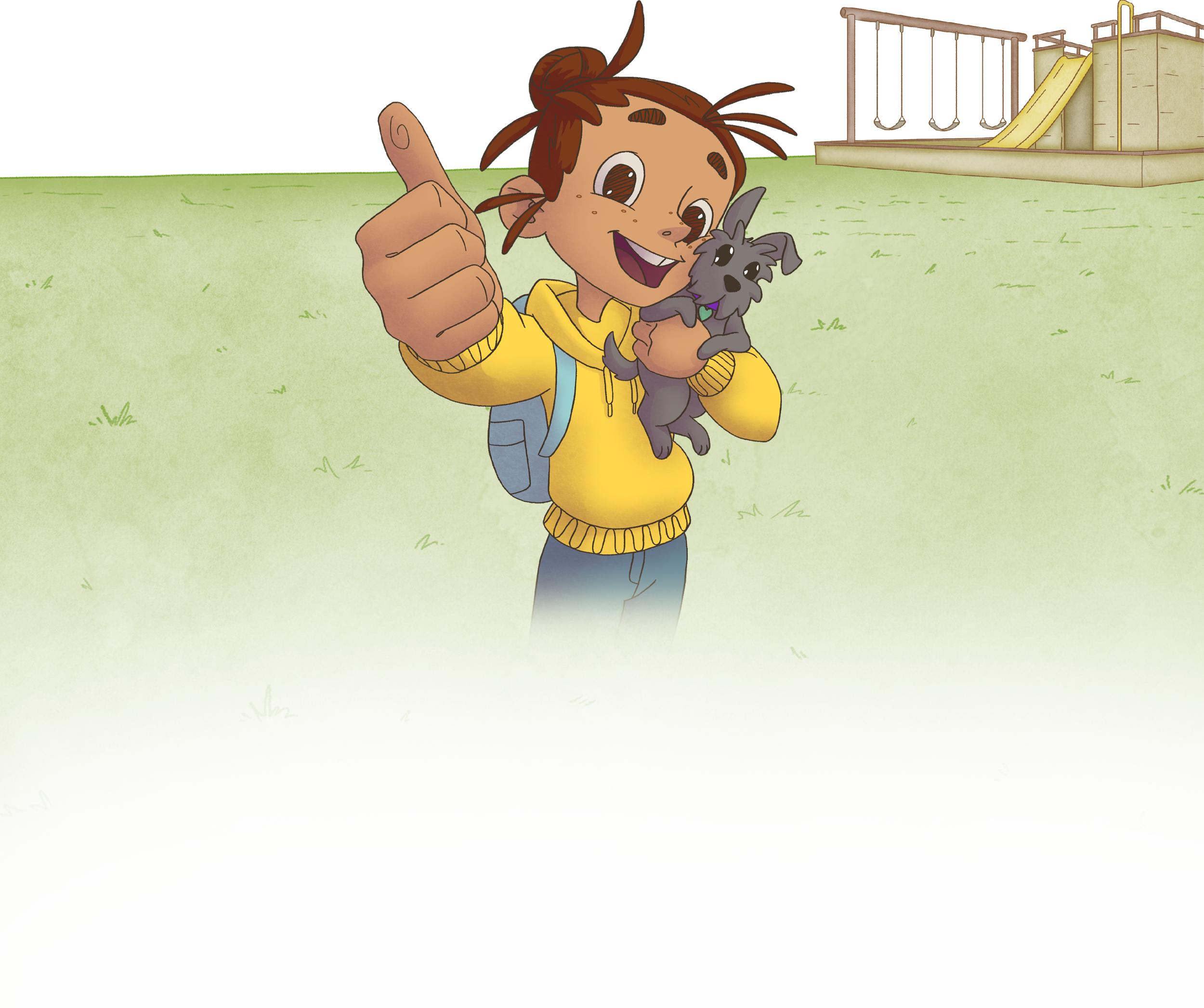 A cartoon child with brown hair, big eyes, wearing a yellow hoodie, holding a small gray puppy, smiling and giving a thumbs up. In the background, there is a playground with swings and a slide on a grassy field.