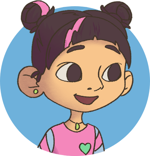 Cartoon girl with purple hair styled in buns, wearing a pink headband, pink shirt with a green heart, and a choker, smiling against a blue background.