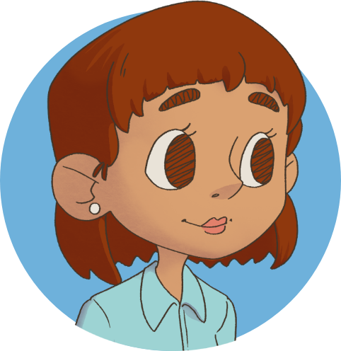 A cartoon girl with brown hair, wearing a light blue collared shirt, against a blue background.