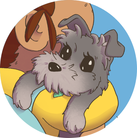 Cartoon puppy with gray fur and floppy ears lying on a yellow pillow, resting its head on a brown pillow with a leaf pattern, in a cozy indoor setting.