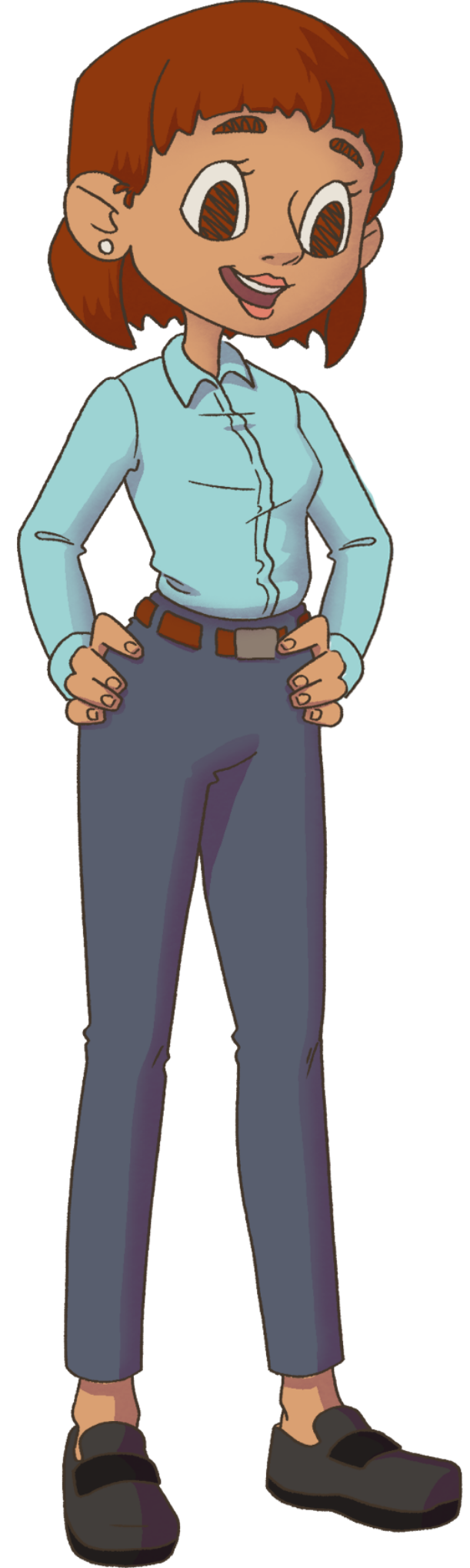 A cartoon woman with short, reddish-brown hair, wearing a light blue button-up shirt and gray pants, standing with hands on her hips and smiling.