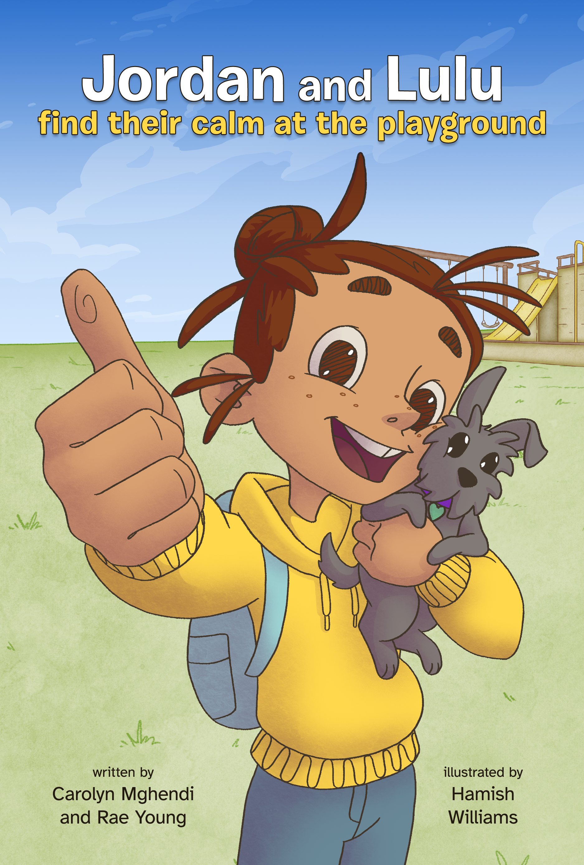 Cover of a children's book titled "Jordan and Lulu find their calm at the playground." Shows a smiling boy in a yellow hoodie holding a small gray dog, with a playground in the background.