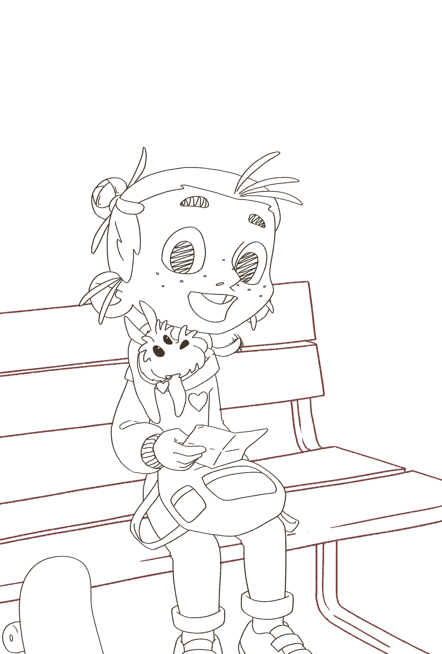 A child with a large head wearing a character costume, sitting on a bench at a park, reading a piece of paper, with a backpack and a small creature on the child's lap.