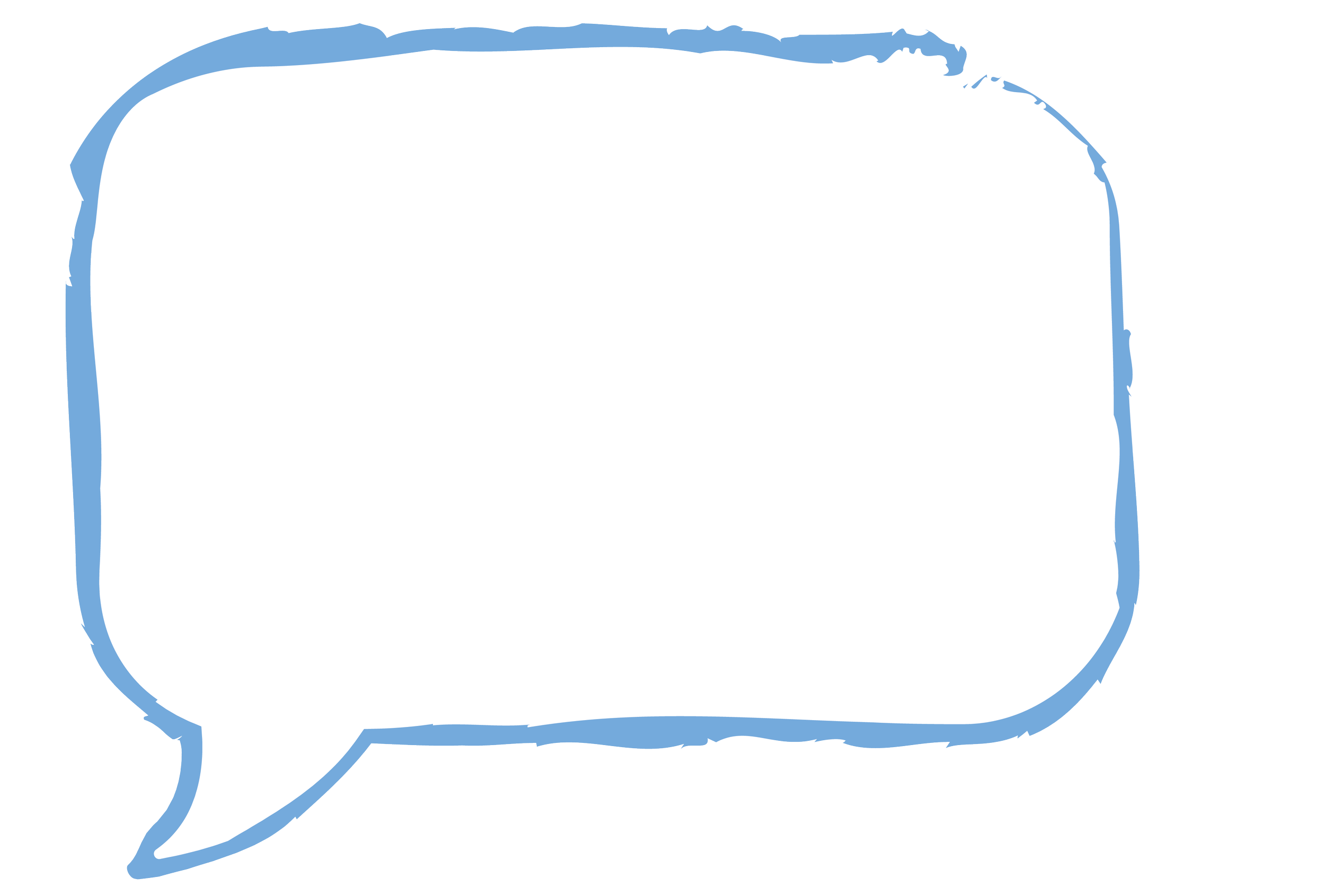 A white speech bubble with a blue outline.