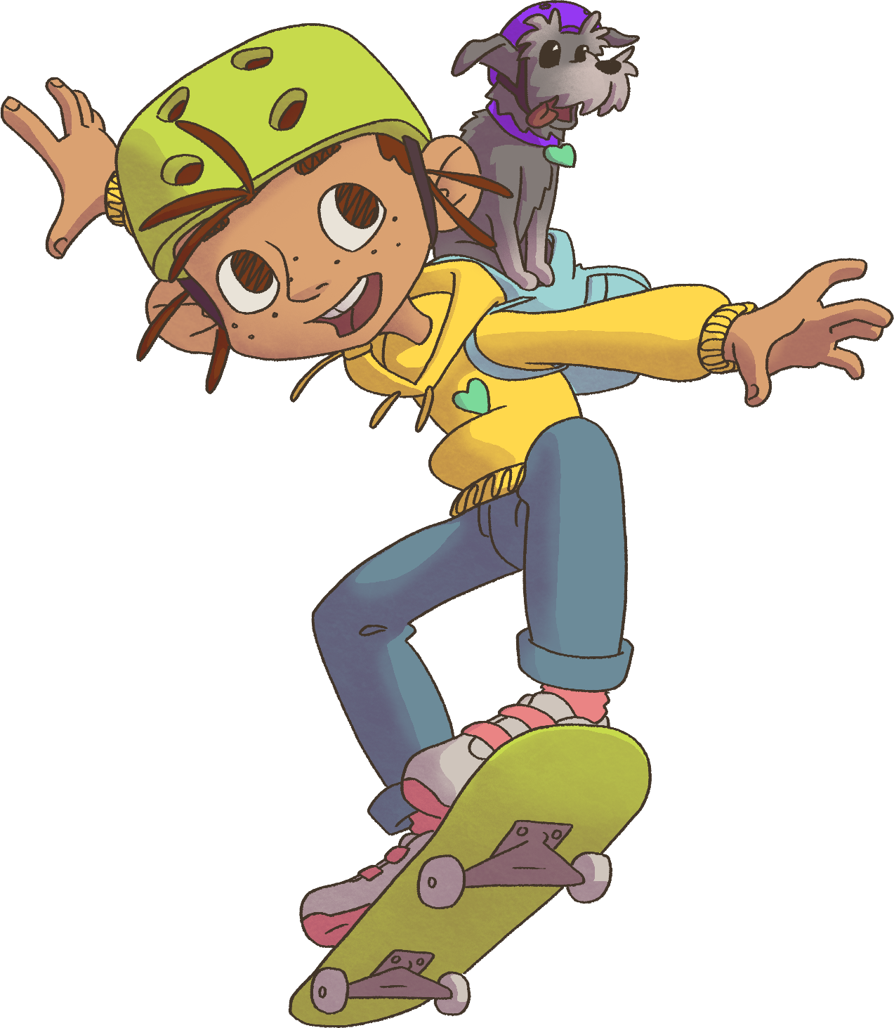 A cartoon boy with a green bandana on his head skateboarding with a small gray dog on his back, both appearing to be enjoying the activity.