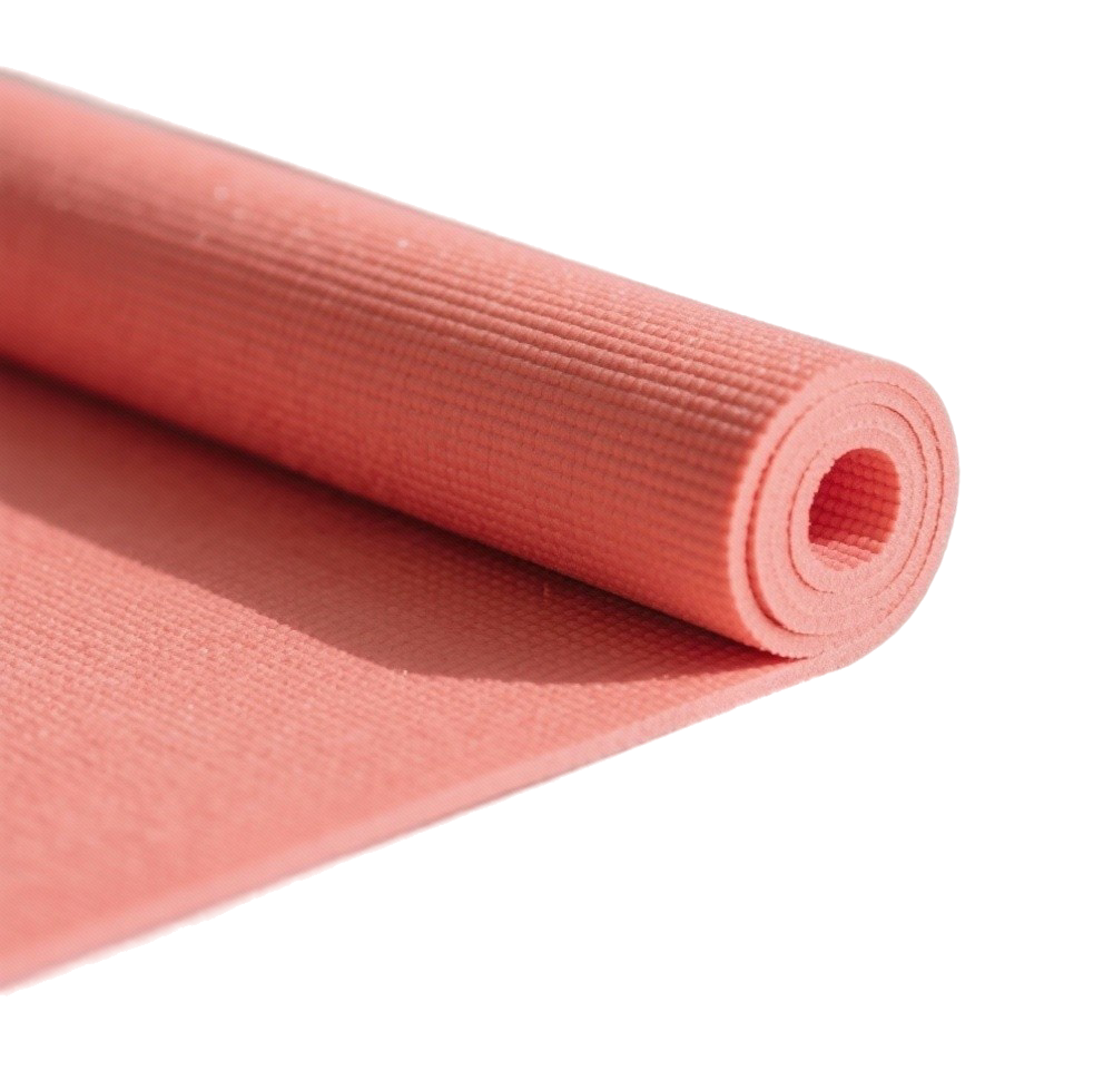 Pink rolled yoga mat partially unrolled, showing textured surface