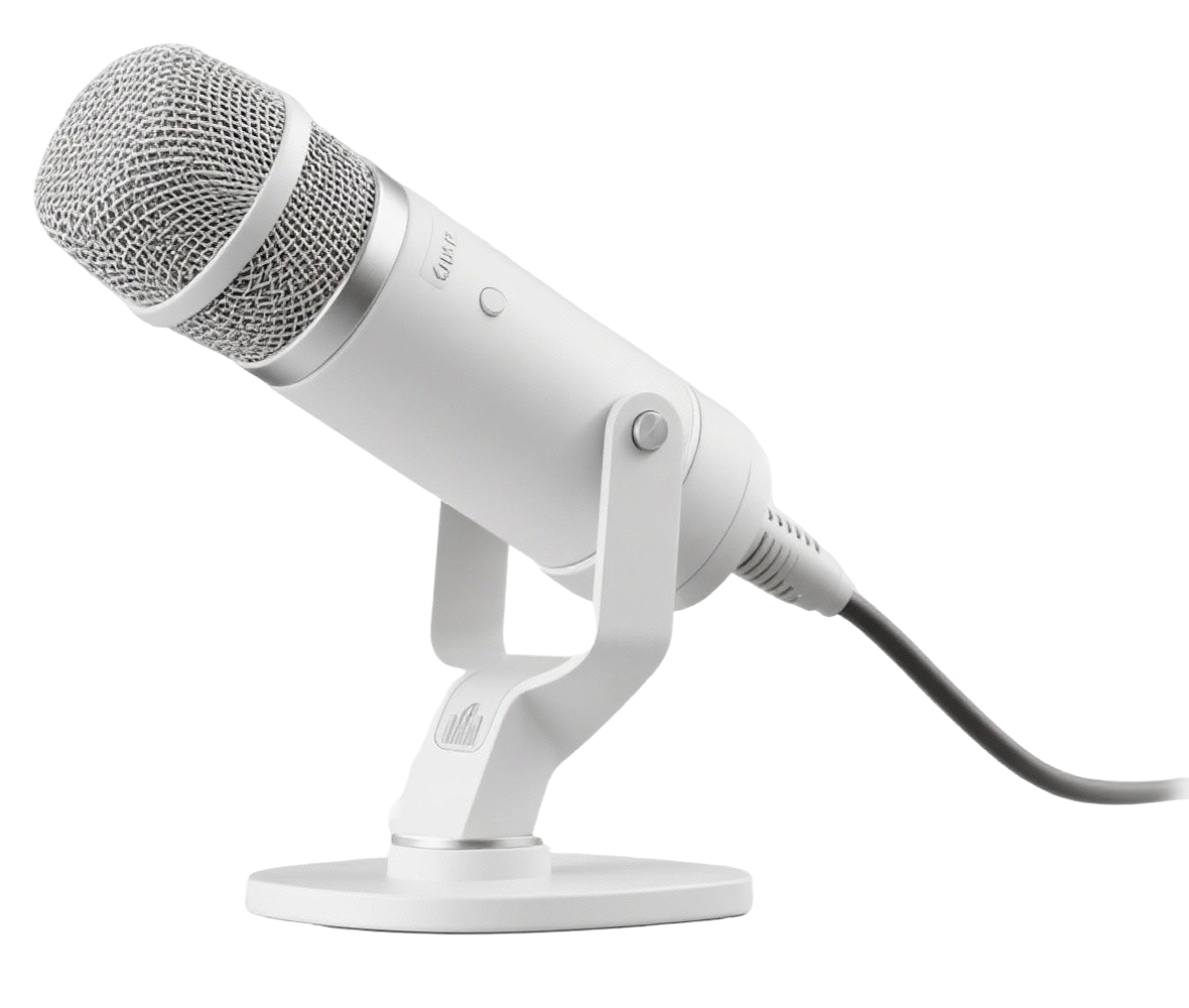 A white audio microphone with a stand and attached cable.