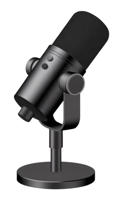 A black and gray professional microphone on a stand.