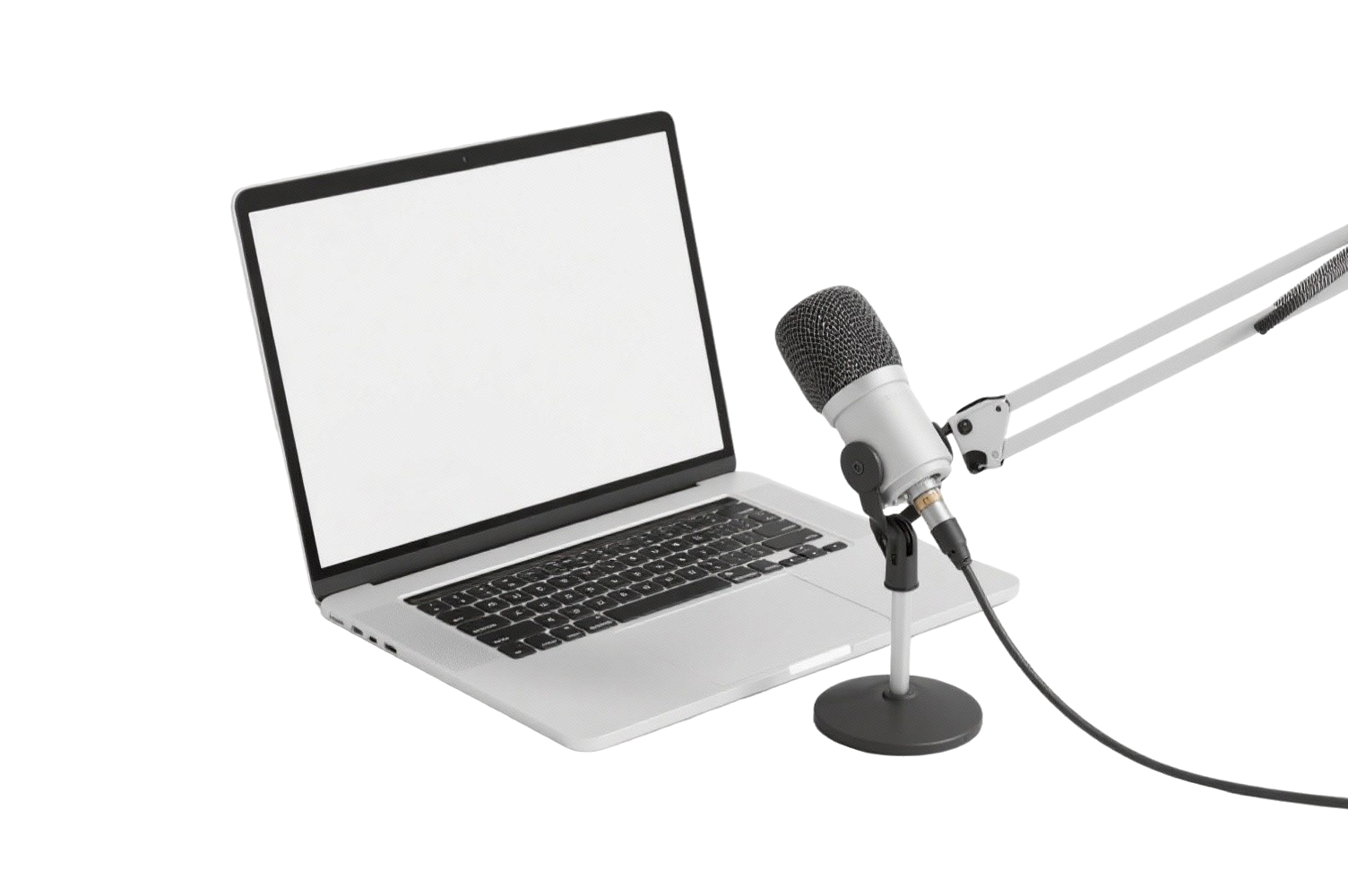 Laptop computer with a microphone on a stand in front of it, set against a white background.