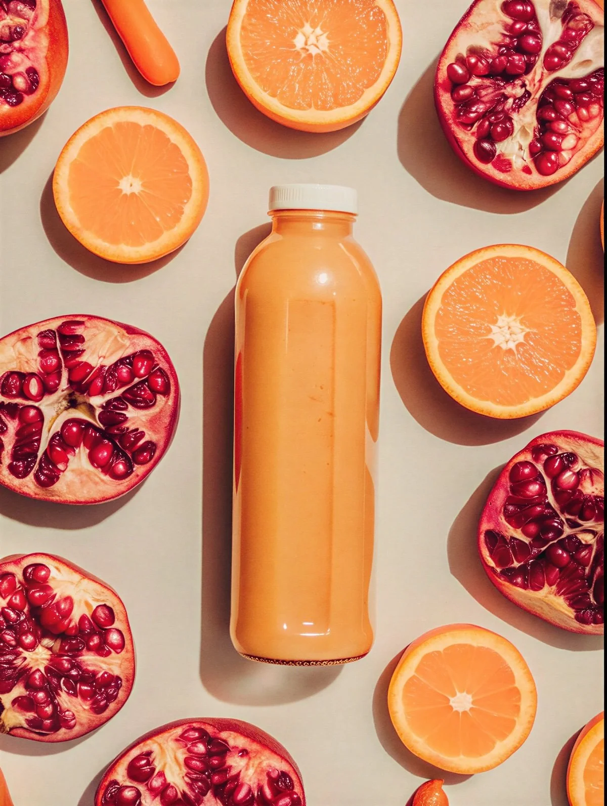 A bottle of orange juice surrounded by halved pomegranates and oranges on a light background.