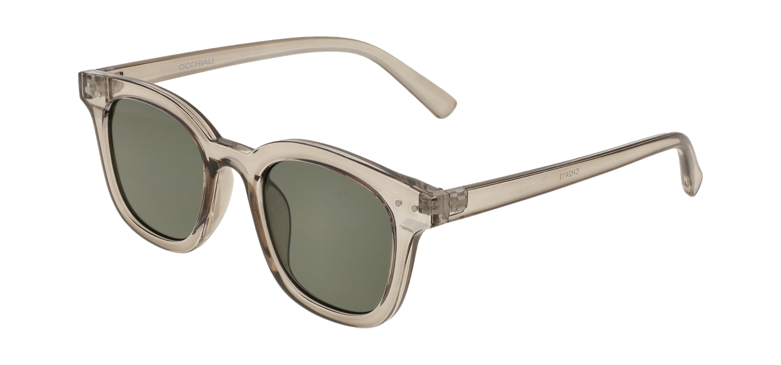 Gafas de sol de diseño con marco transparente y lentes verdes.