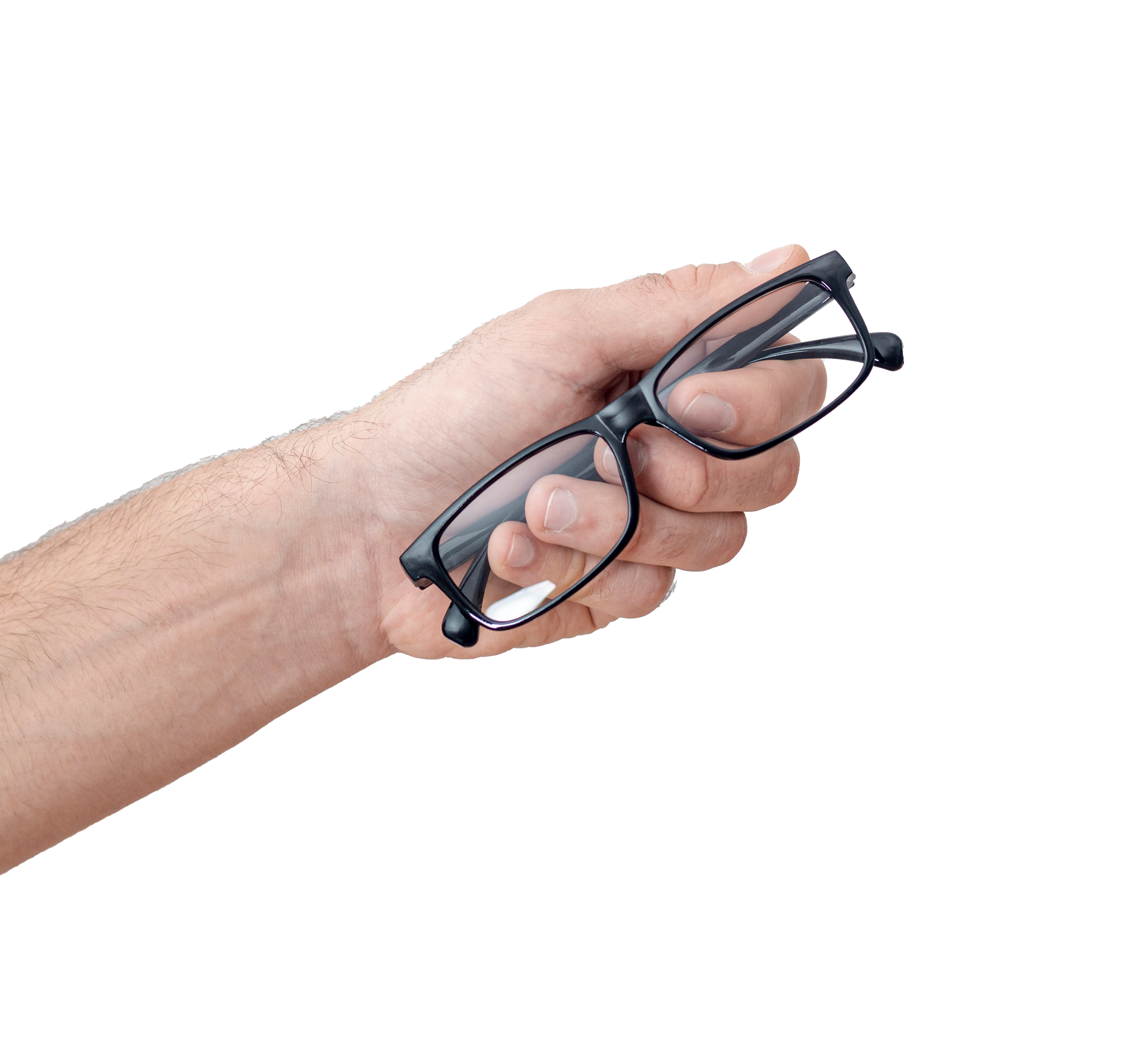 Mano sosteniendo gafas con marco negro