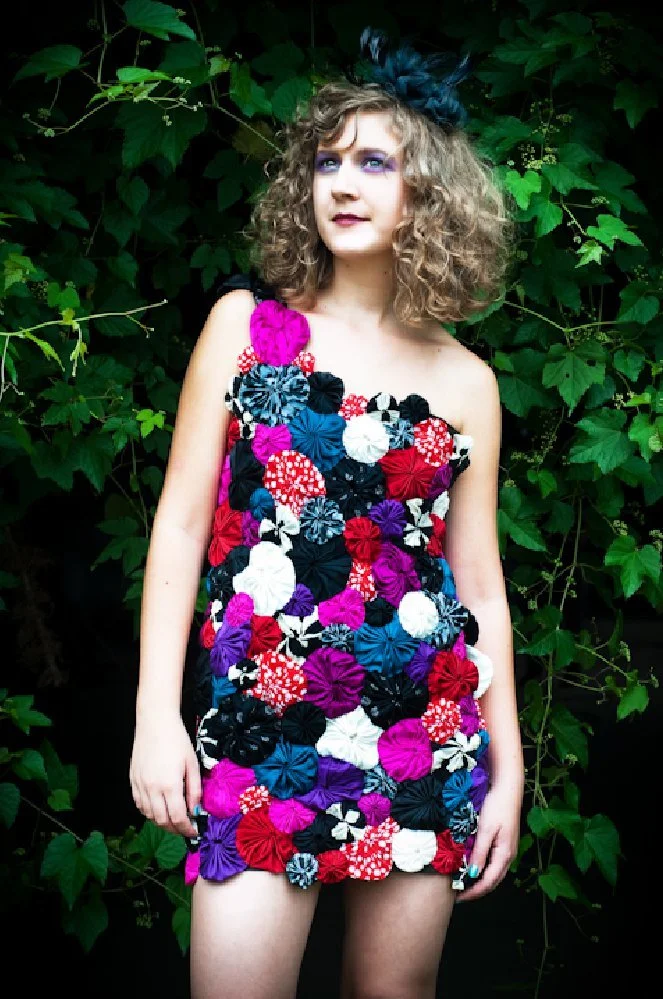 mixed silk scraps made into yoyos and hand sewn on dress
