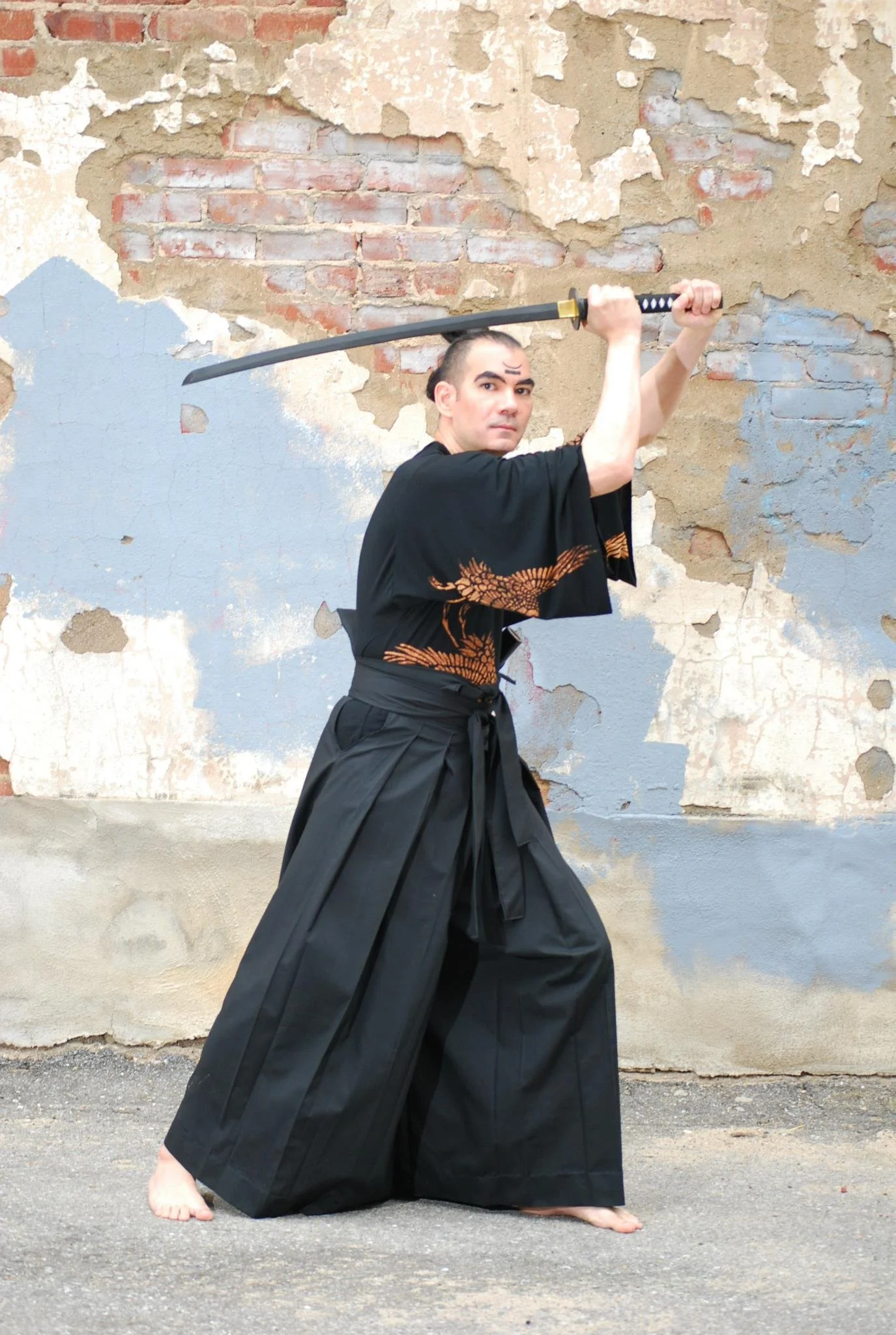 Sayonara Collection-Cotton Hakama Pants and Bamboo kimono sleeve shirt with hand bleached crane pattern