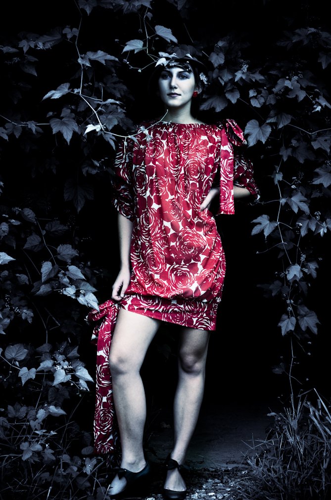Red cotton voile dress with shoulder bow and hem bow details