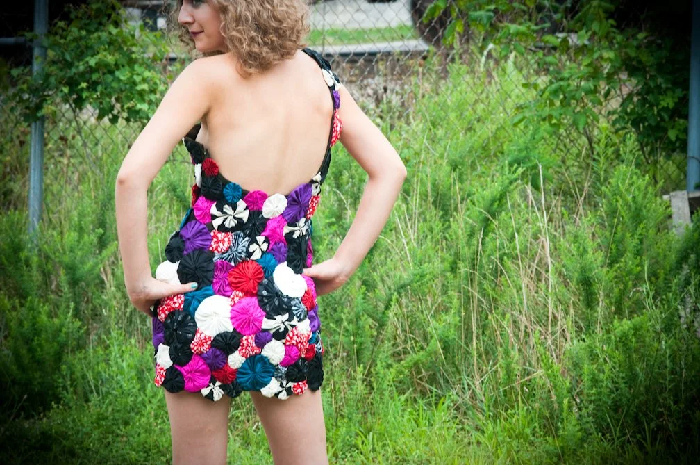 mixed silk scraps made into yoyos and hand sewn on dress-back view