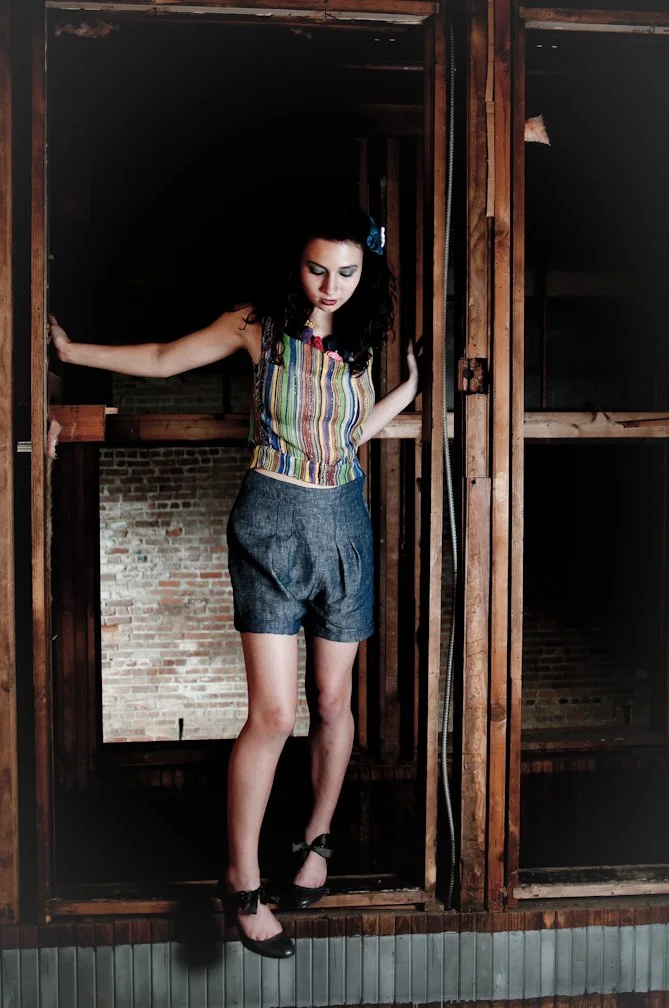 Metallic stripe silk top and hemp denim jean shorts