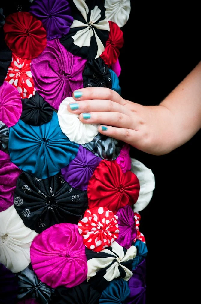 mixed silk scraps made into yoyos and hand sewn on dress-Detail