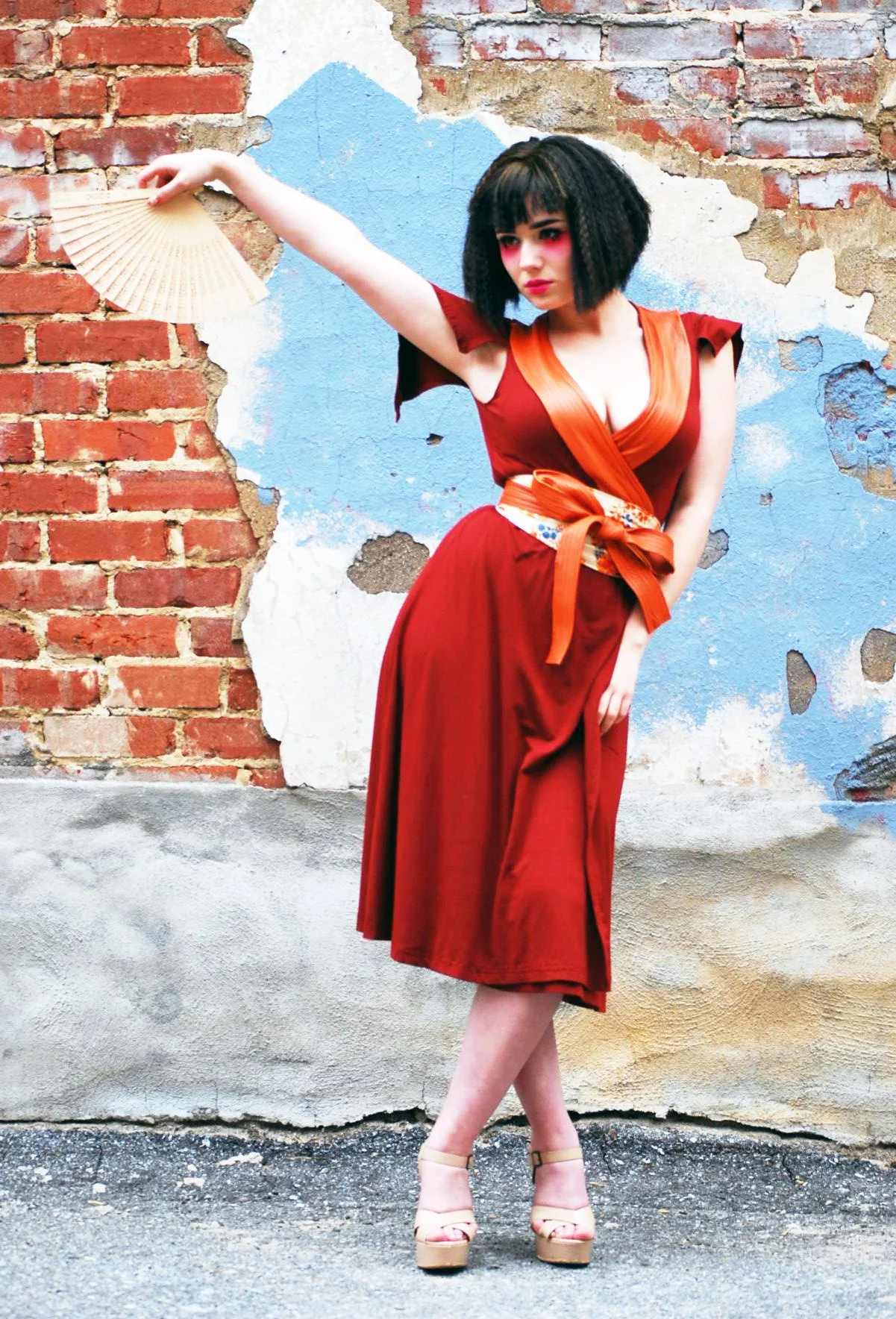 Sayonara Collection-Bamboo knit wrap dress with leather neck detail with kimono fabric and leather belt