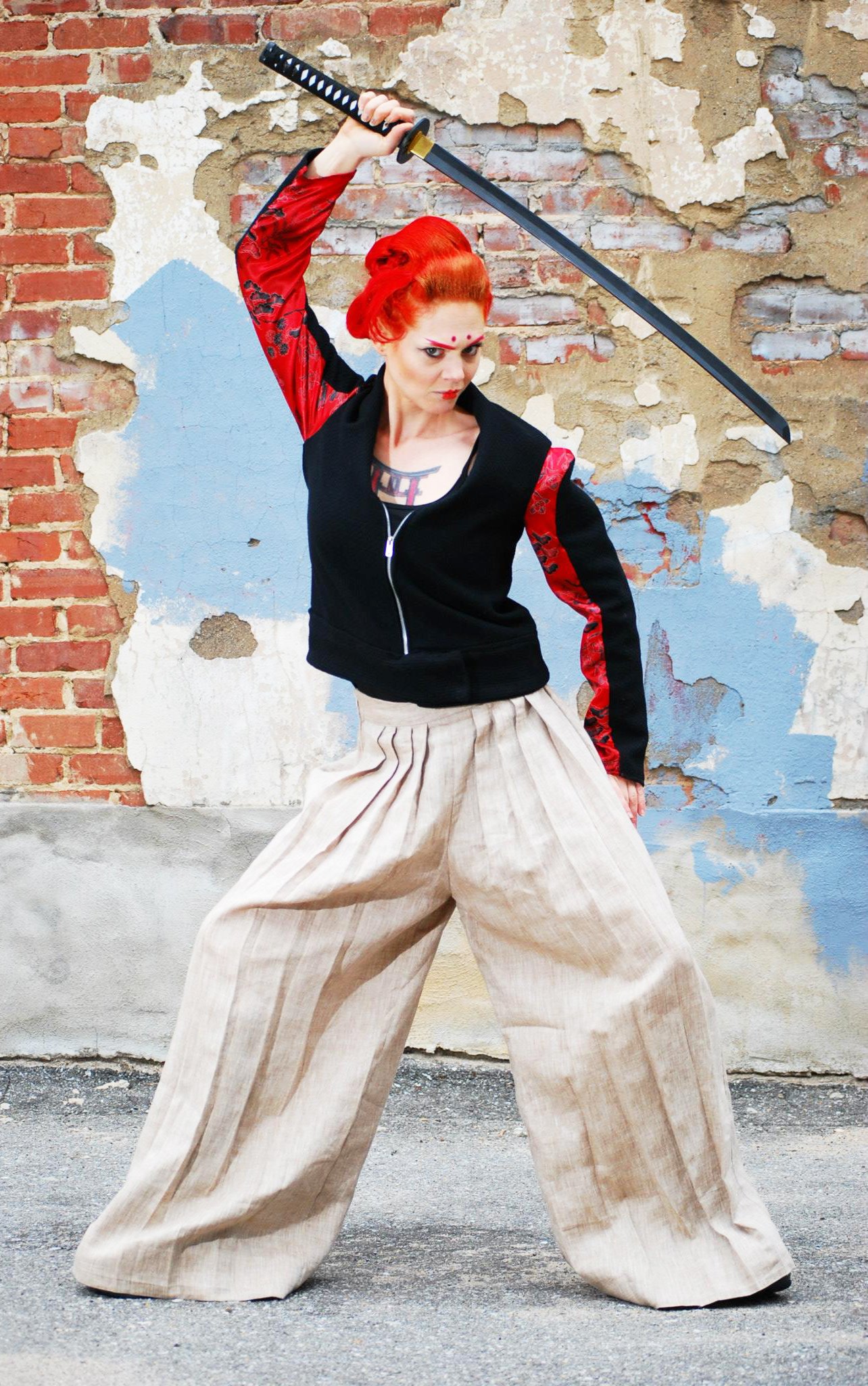 Sayonara Collection-Wool Shawl Collar Jacket with kimono like red satin sleeve detail and wide leg pleated hemp pants