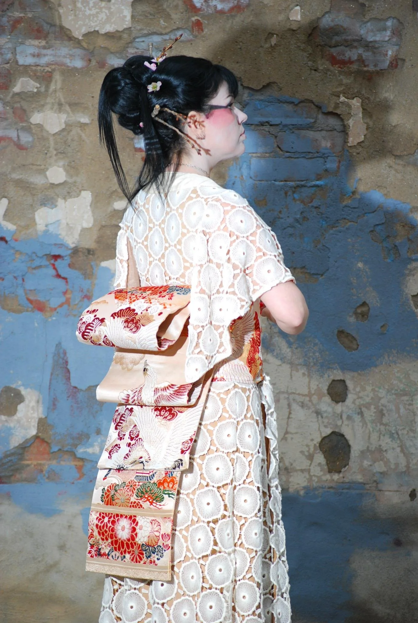 Sayonara Collection-cotton fabric lined wrap dress with Wedding Obi Made into a structural belt-Back view