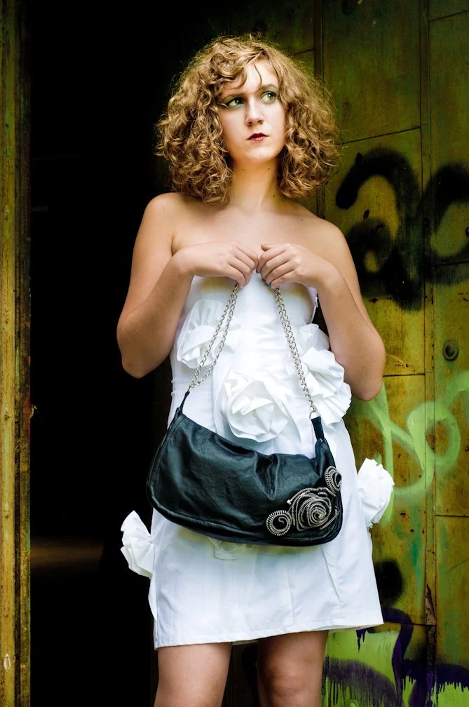 Bamboo cotton floral dress with upcycled leather and zipper flower purse