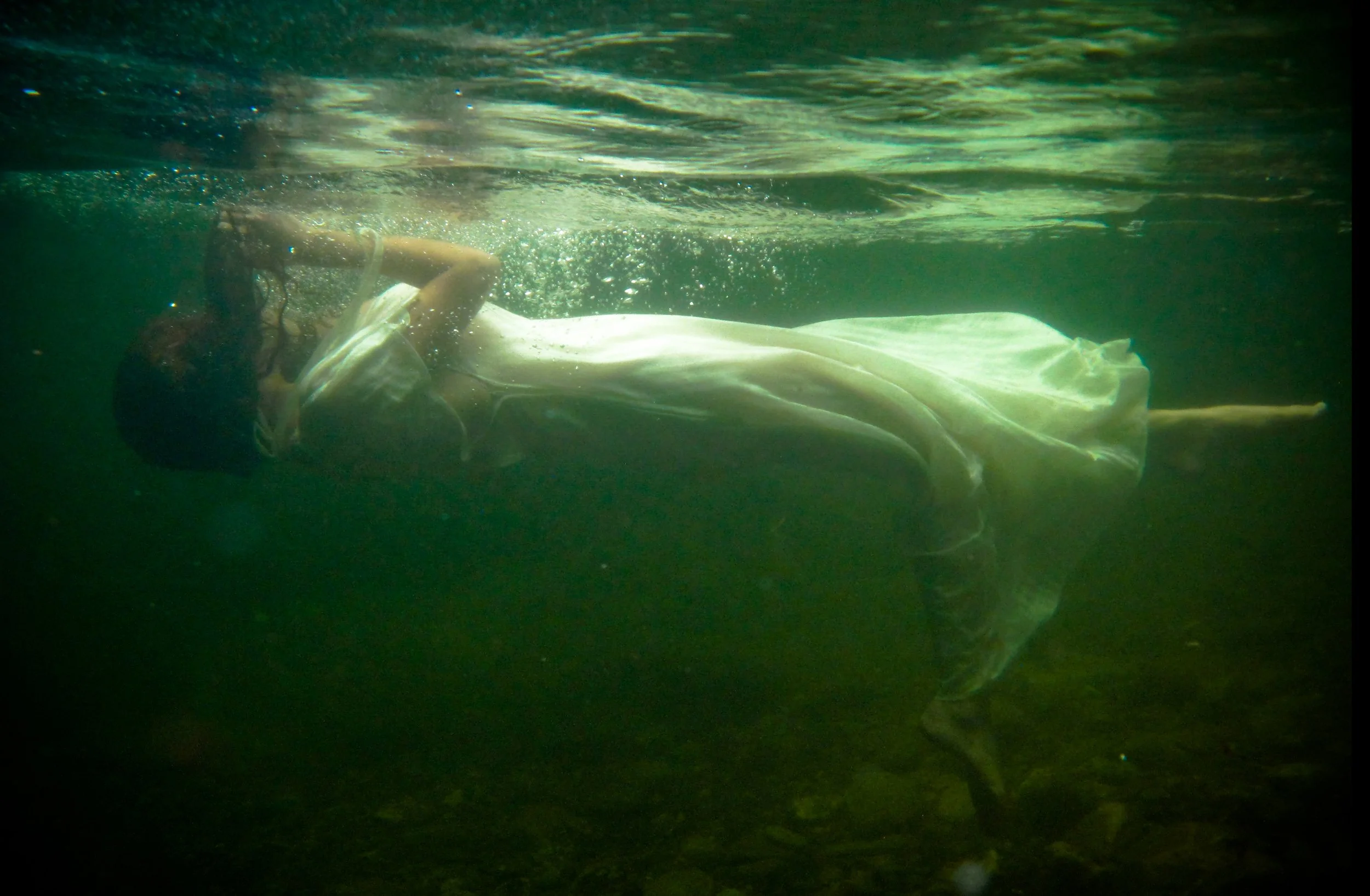 Ophelias Soliloquy Collection- reflection of organic silk/hemp dress under water