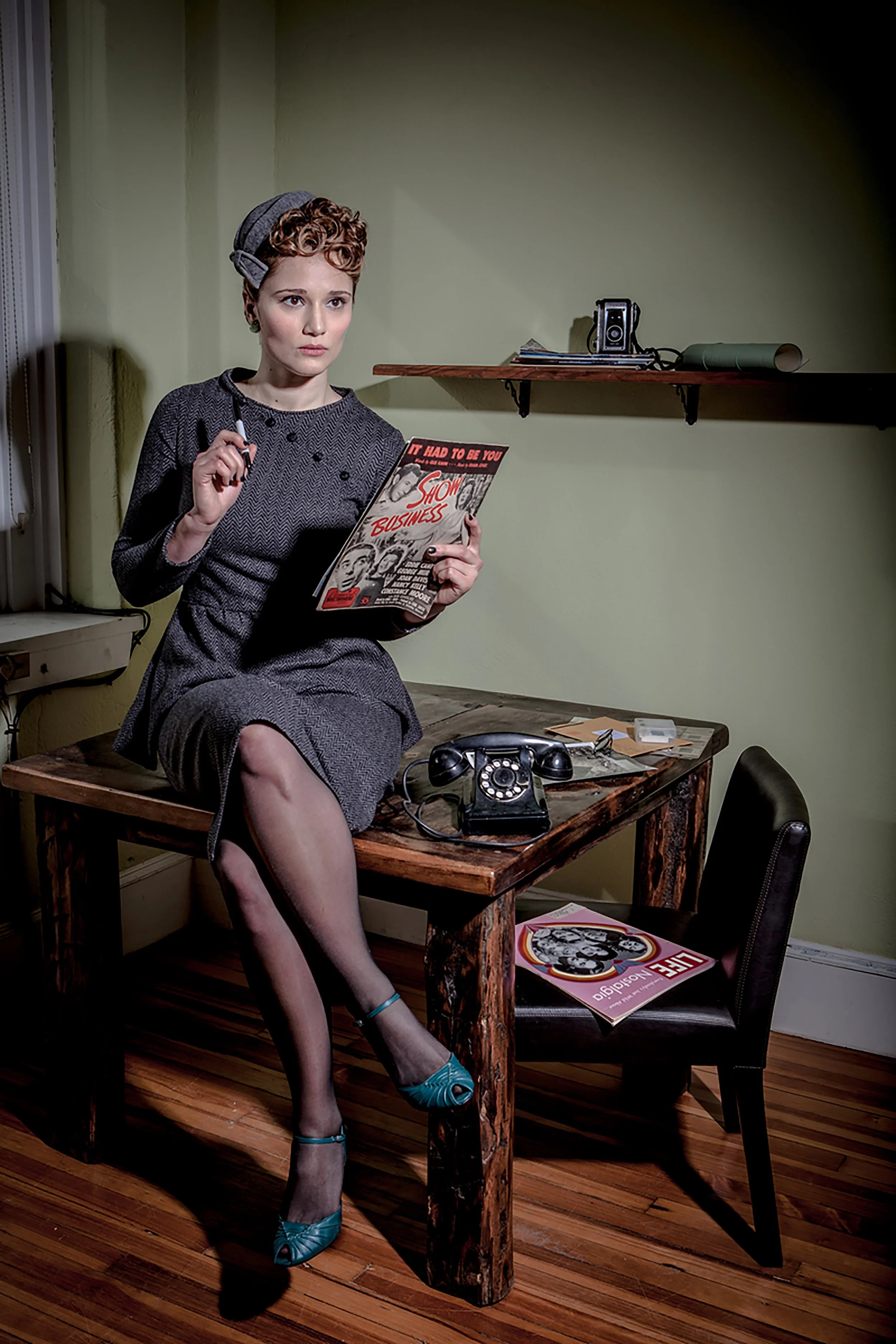 Fashion Editorial featured in Verve Magazine Wool suit, pencil skirt and long-sleeved top with peplum and button detail 