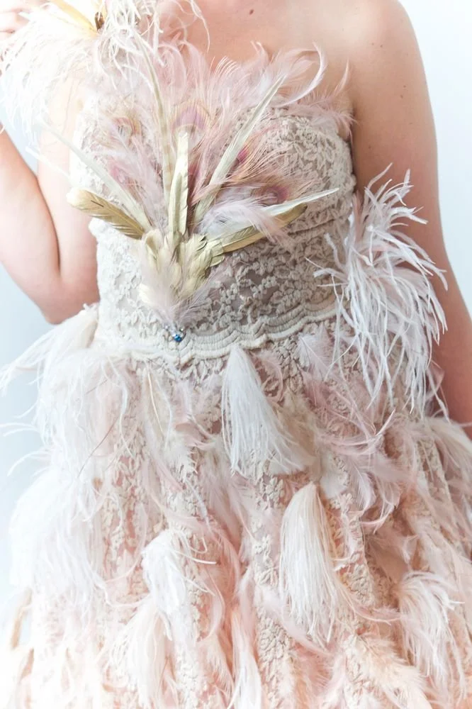 Dress made with Stretch lace, ostrich, coque and bleached peacock feathers