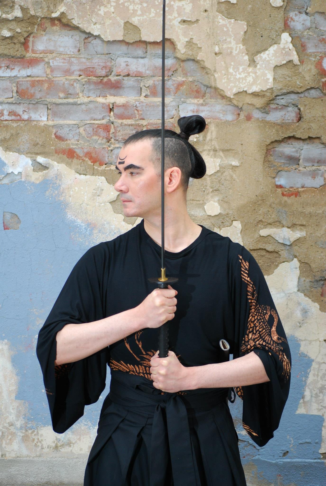 Sayonara Collection-Cotton Hakama Pants and Bamboo kimono sleeve shirt with hand bleached crane pattern close up