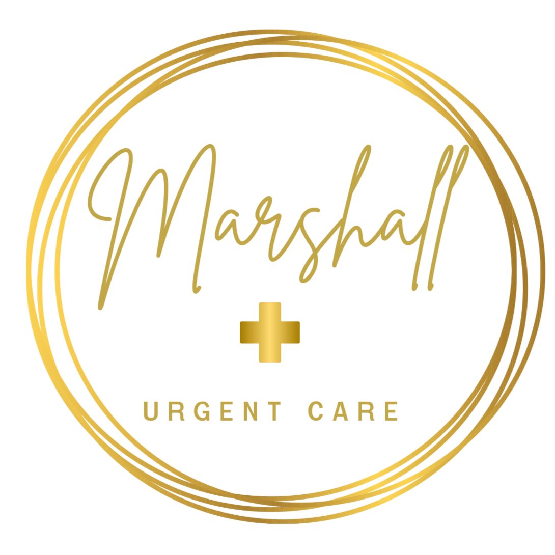 Gold circular logo with the words 'Marshal' in cursive and 'Urgent Care' in uppercase, with a plus sign in the center.