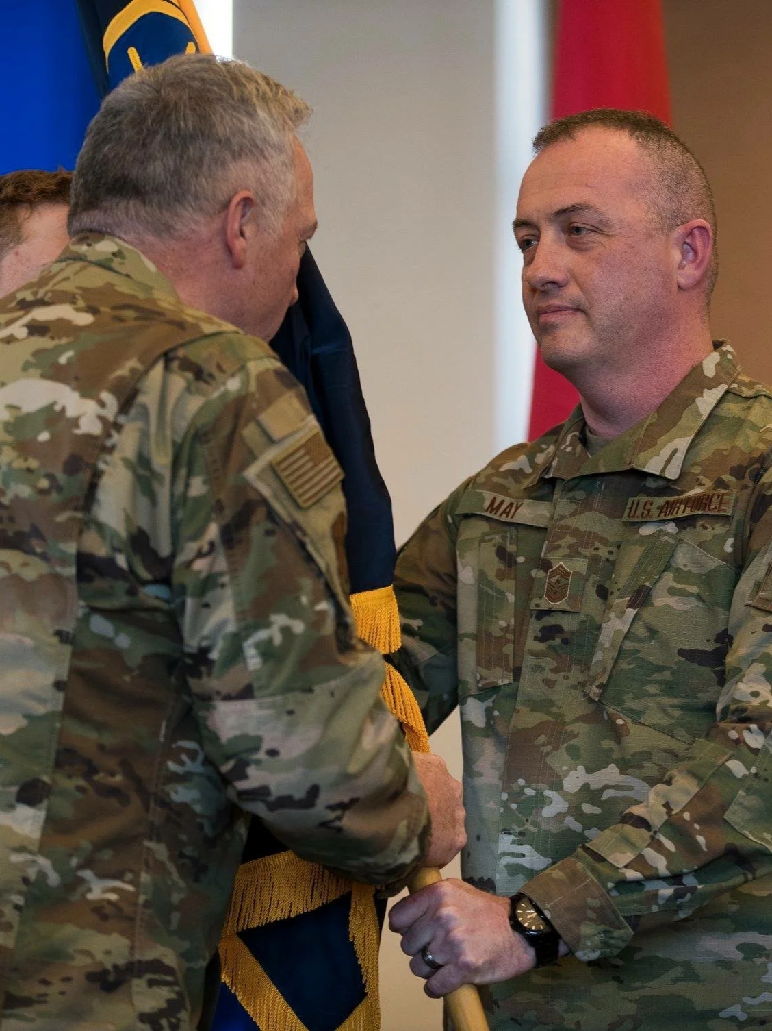Michael May, founder of Strategic Life Coaching for Men, accepting the State Command Chief position at the Indiana Air National Guard, US Air Force, change of authority ceremony, reflecting senior executive military leadership experience.